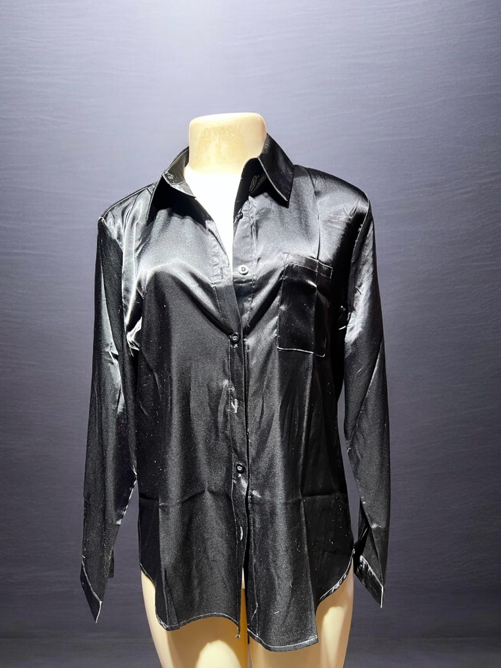 Black Satin Button-Down Shirt - Classic Women's Top